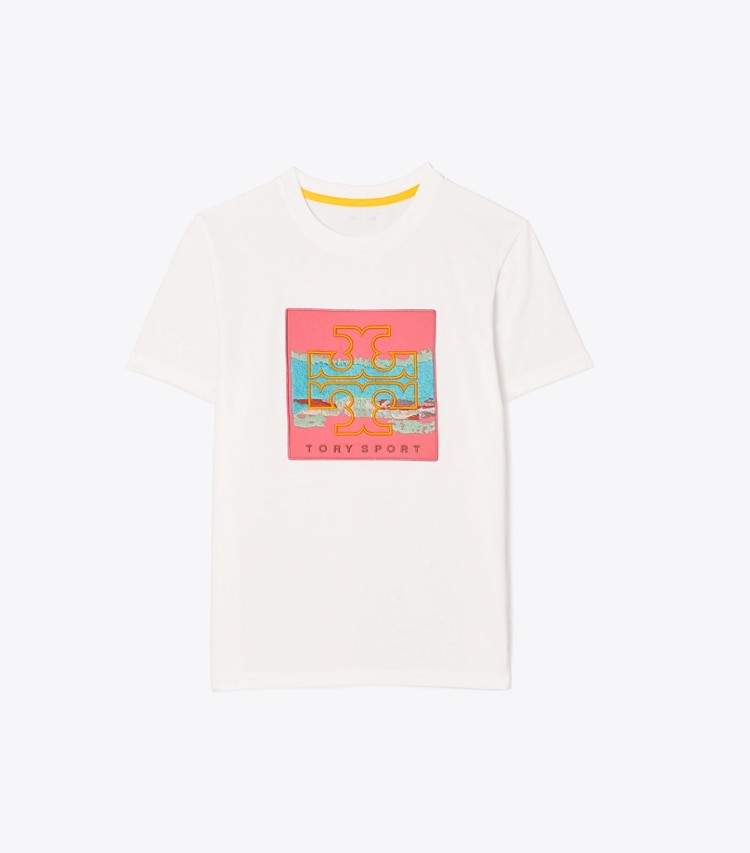 Tory Sport designer oberteile T-Shirt mit grafischem Logoaufnäher in Snow White front