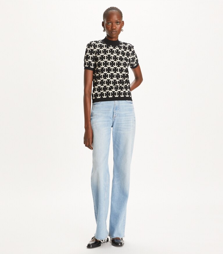 Tory Burch designer oberteile T-Shirt mit Stehkragen und T-Monogramm in BLACK / FRENCH CREAM front