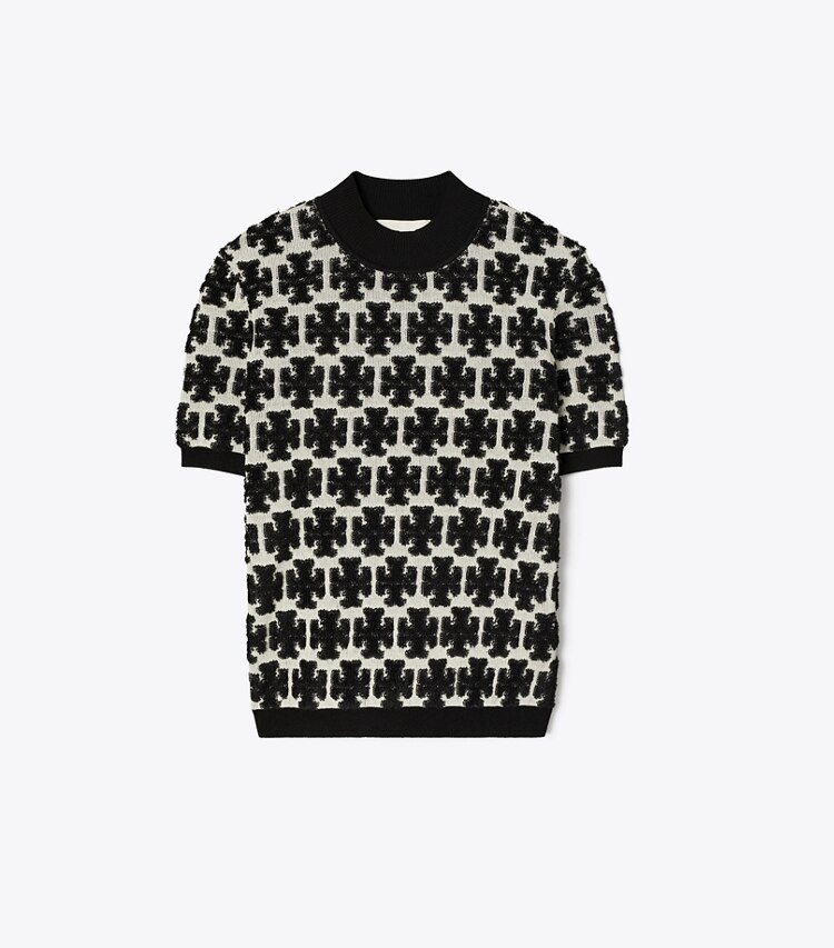 Tory Burch designer oberteile T-Shirt mit Stehkragen und T-Monogramm in BLACK / FRENCH CREAM front