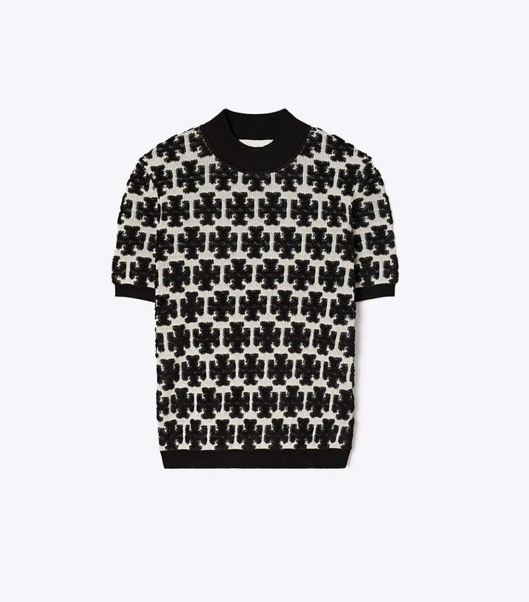 Tory Burch designer oberteile T-Shirt mit Stehkragen und T-Monogramm in BLACK / FRENCH CREAM front
