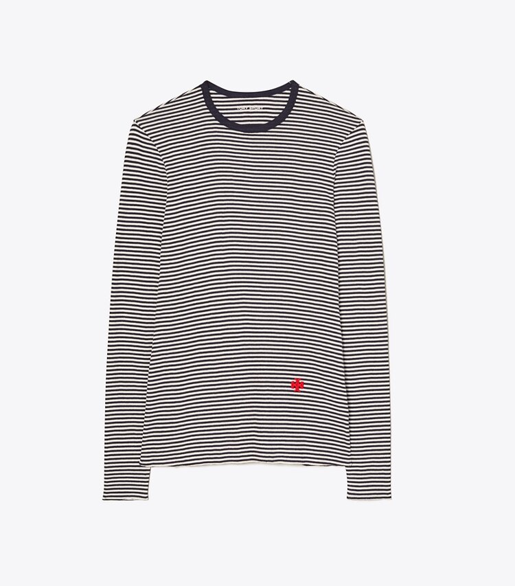 Tory Sport designer hauts T-shirt rayé à manches longues en maille côtelée ultra-légère dans Tory Navy Even Stripe de face