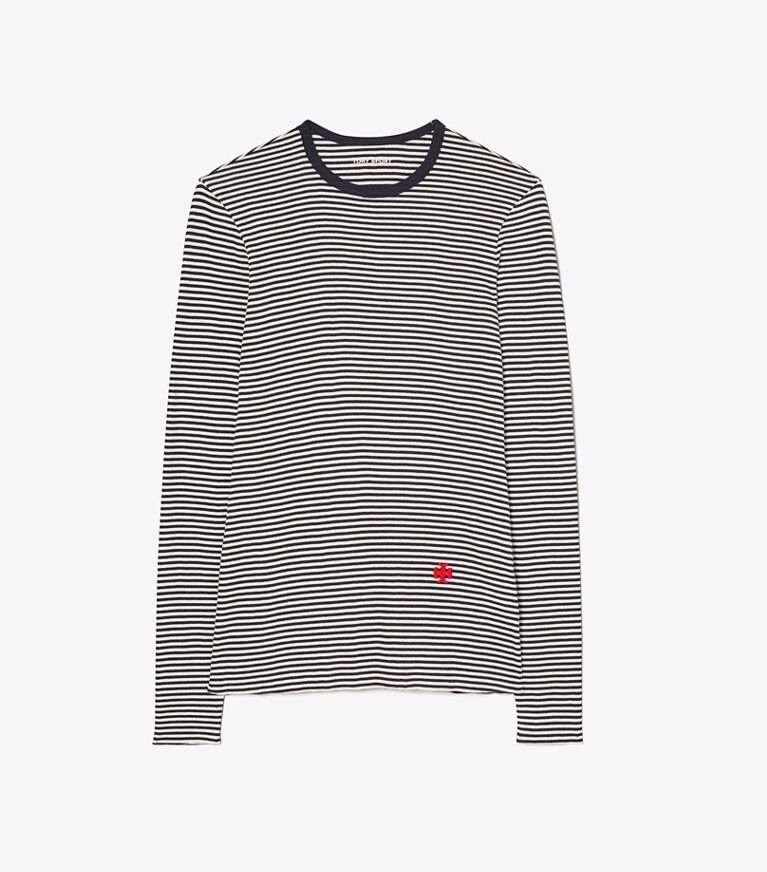 Tory Sport designer hauts T-shirt rayé à manches longues en maille côtelée ultra-légère dans Tory Navy Even Stripe de face