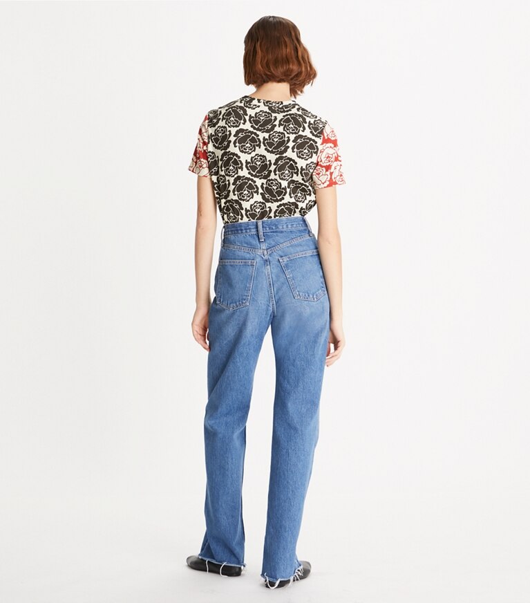 Tory Burch designer hauts T-shirt rose dans Multi Patchwork sur modèle, de dos