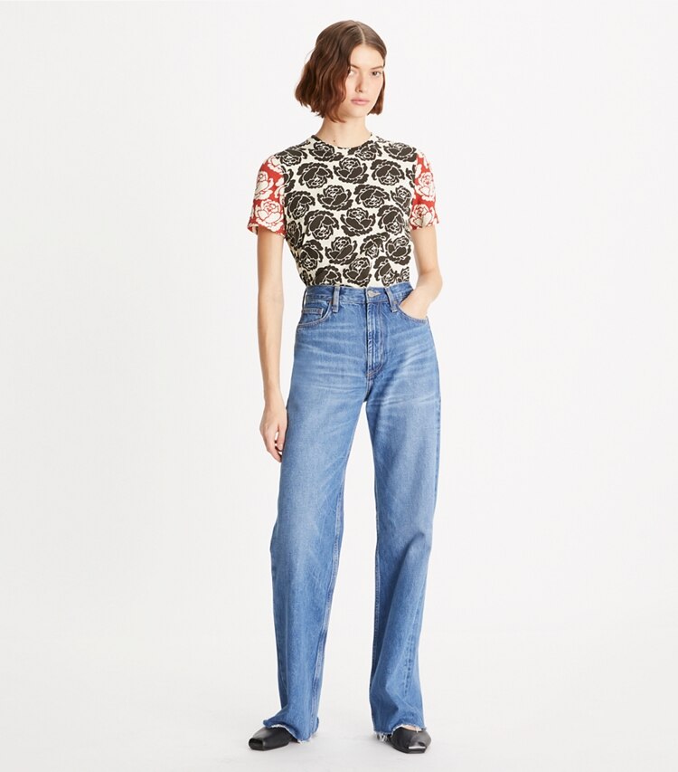 Tory Burch designer hauts T-shirt rose dans Multi Patchwork sur modèle, de face