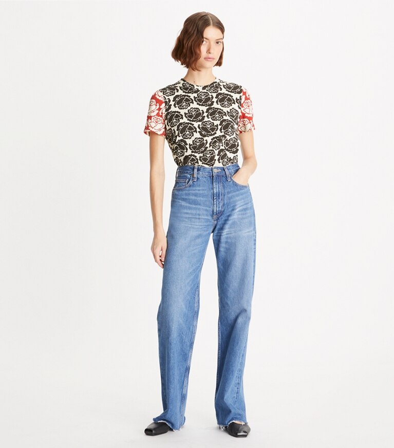 Tory Burch designer hauts T-shirt rose dans Multi Patchwork sur modèle, de face