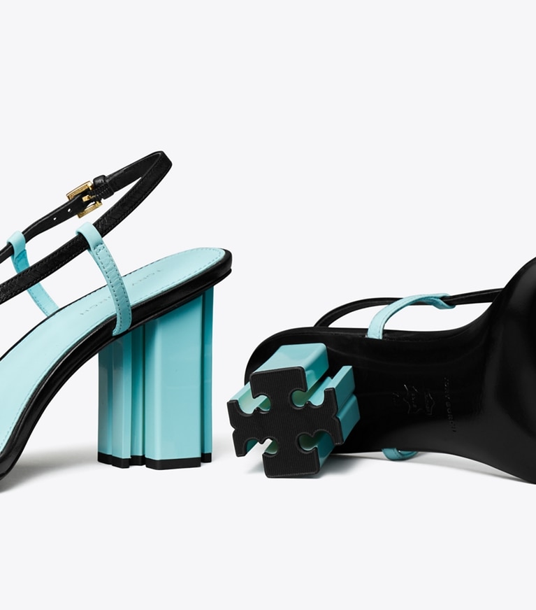Tory Burch designer サンダル T スタンプ ヒール in PERFECT BLACK / LIGHT BLUE angle