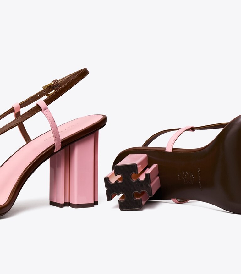 Tory Burch designer サンダル T スタンプ ヒール in LUCIO BROWN / PETUNIA angle