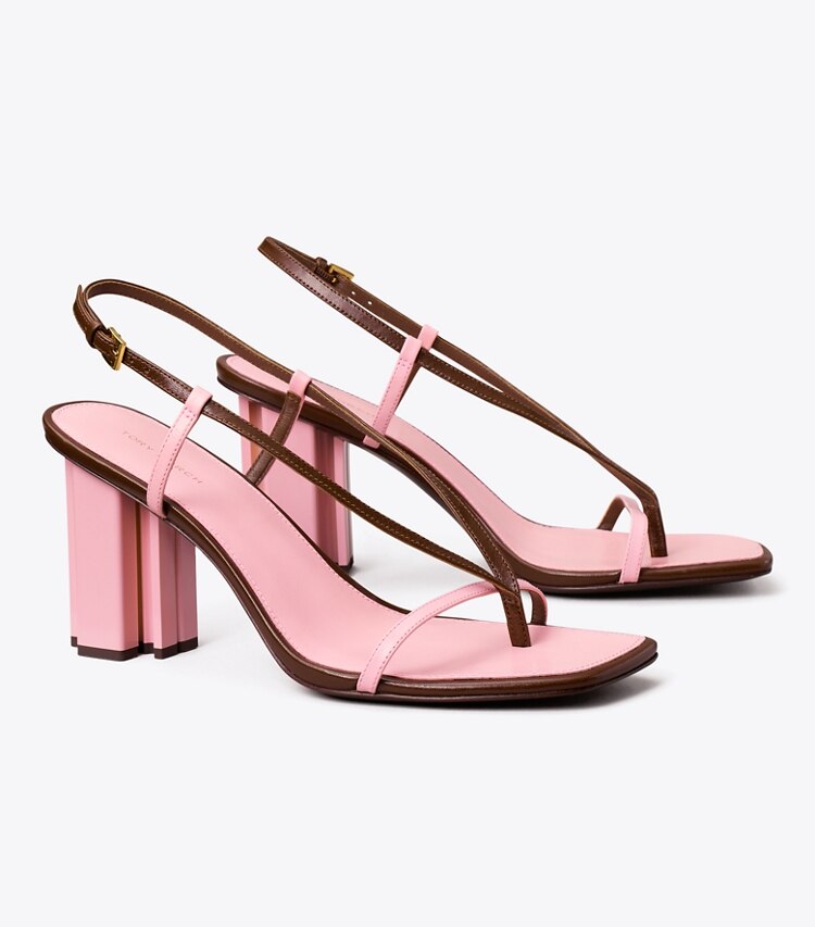 Tory Burch designer サンダル T スタンプ ヒール in LUCIO BROWN / PETUNIA angle