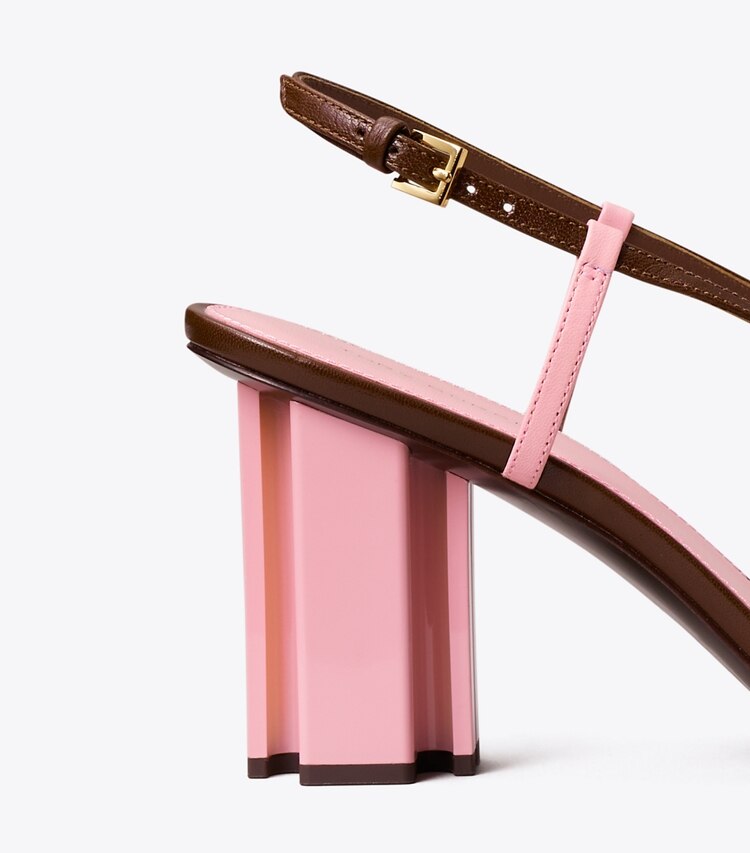 Tory Burch designer サンダル T スタンプ ヒール in LUCIO BROWN / PETUNIA ディテール