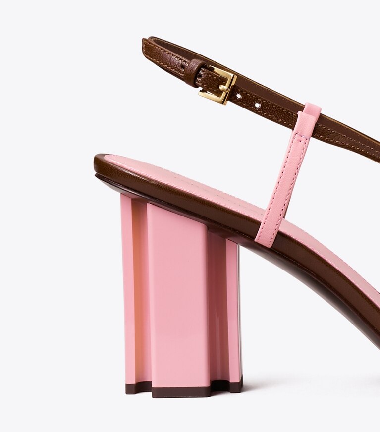 Tory Burch designer サンダル T スタンプ ヒール in LUCIO BROWN / PETUNIA angle