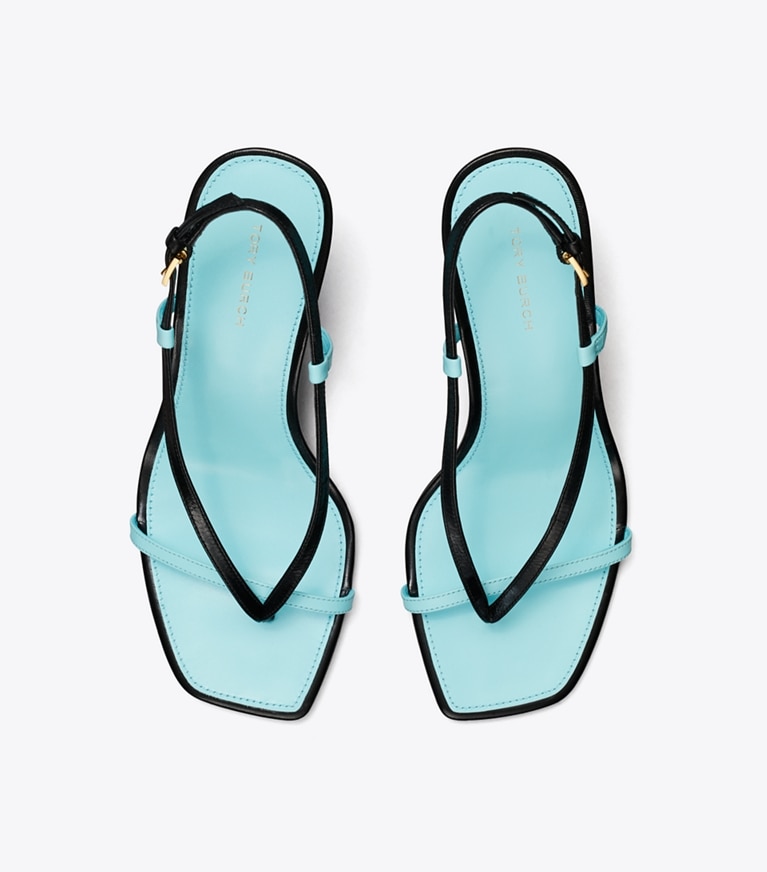 Tory Burch designer サンダル T スタンプ ヒール in PERFECT BLACK / LIGHT BLUE angle