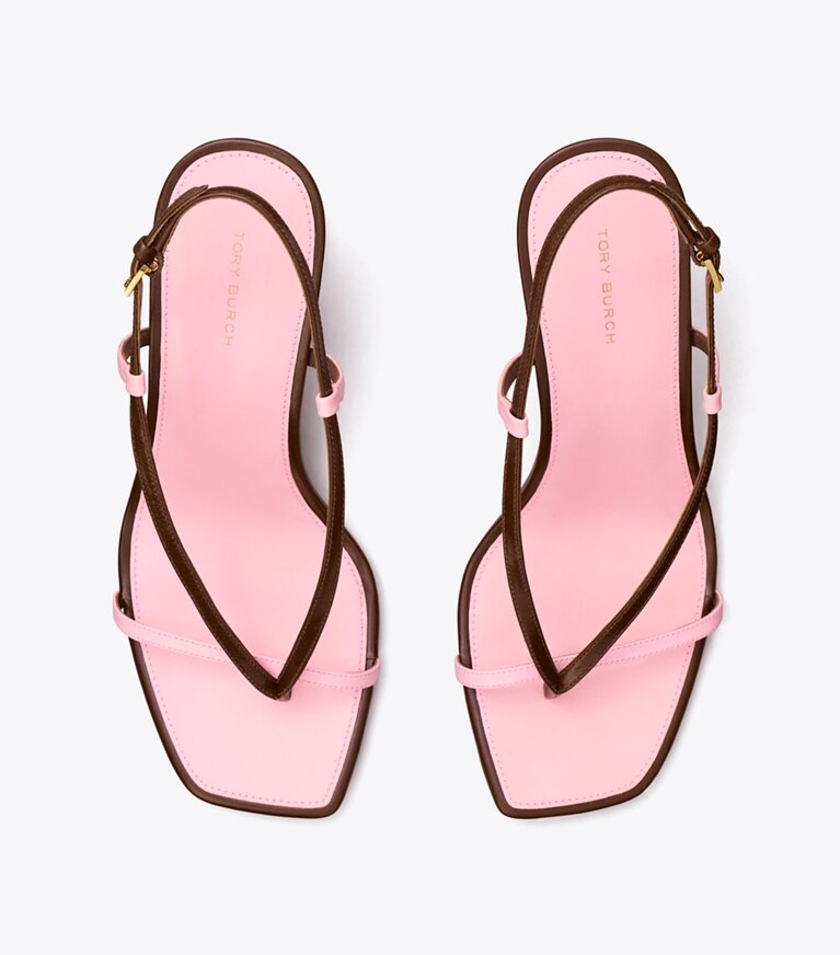 Tory Burch designer サンダル T スタンプ ヒール in LUCIO BROWN / PETUNIA angle