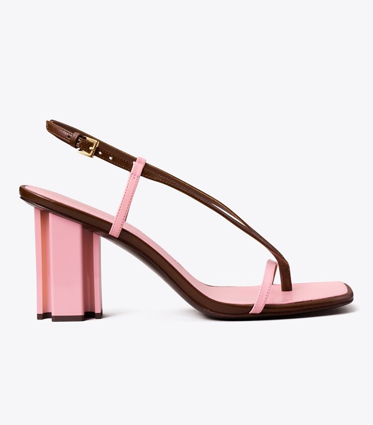 Tory Burch designer サンダル T スタンプ ヒール in LUCIO BROWN / PETUNIA side