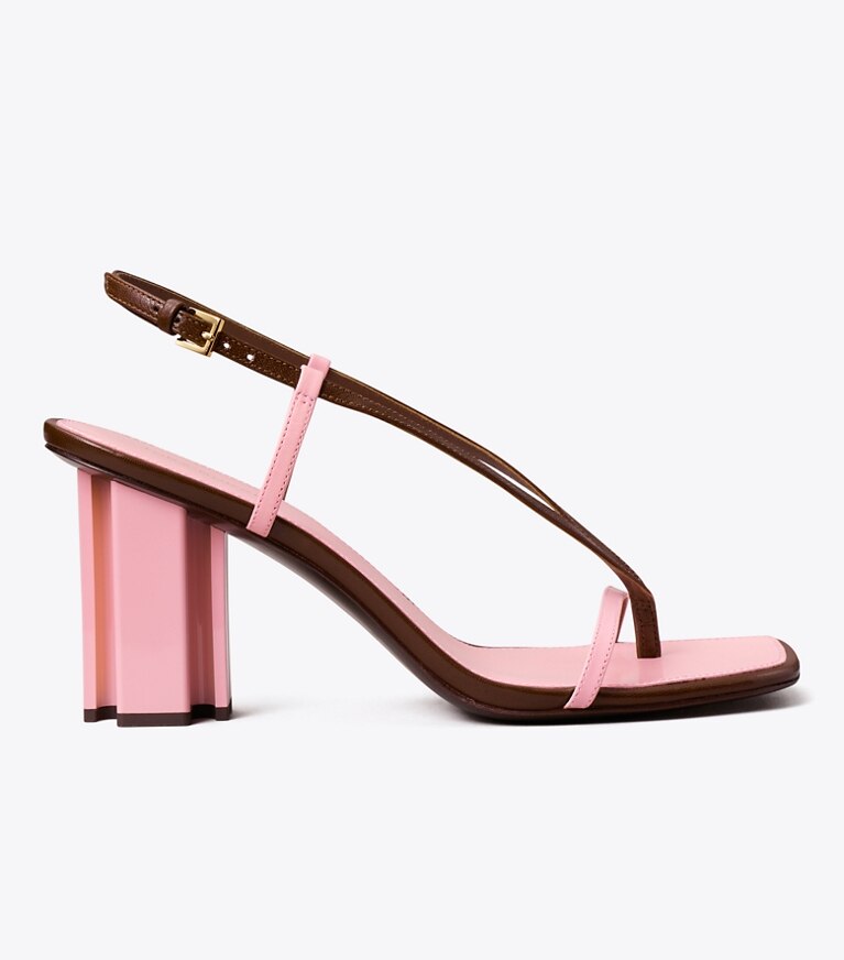 Tory Burch designer サンダル T スタンプ ヒール in LUCIO BROWN / PETUNIA angle