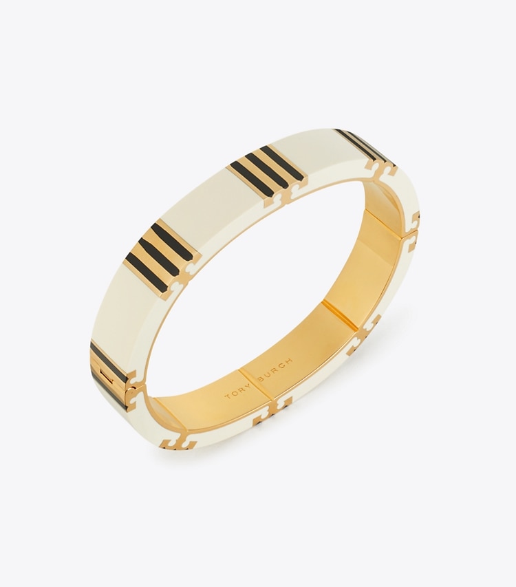 Tory Burch designer ブレスレット Tストライプ バングル in Tory Gold / New Ivory / BLACK ディテール