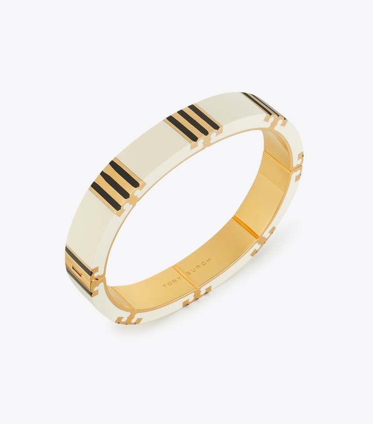 Tory Burch designer ブレスレット Tストライプ バングル in Tory Gold / New Ivory / BLACK front