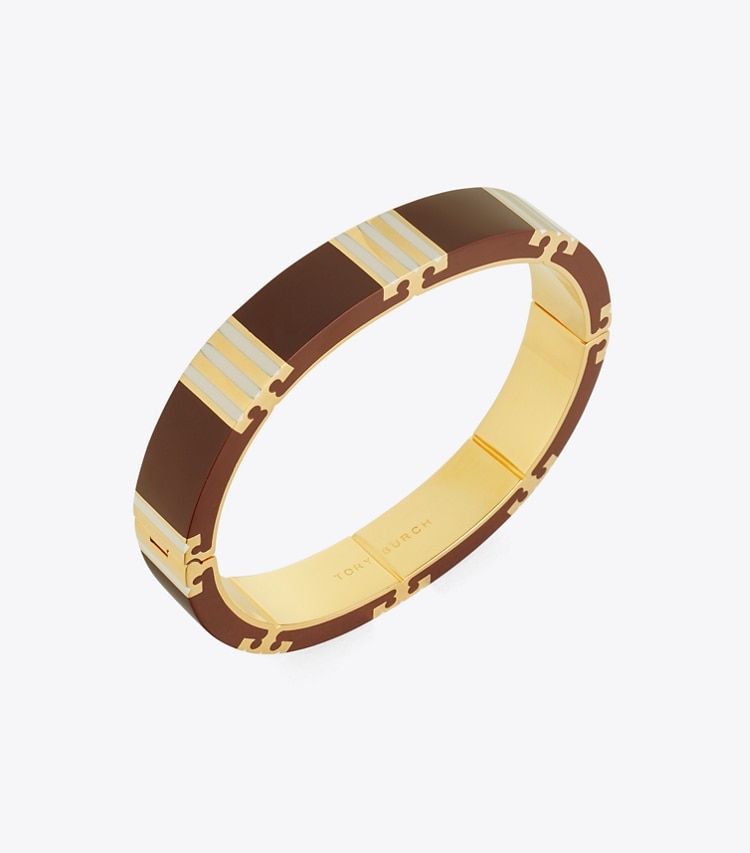 Tory Burch designer bracelets T Stripe Bangle in Tory Gold / Burgundy / Pink detail