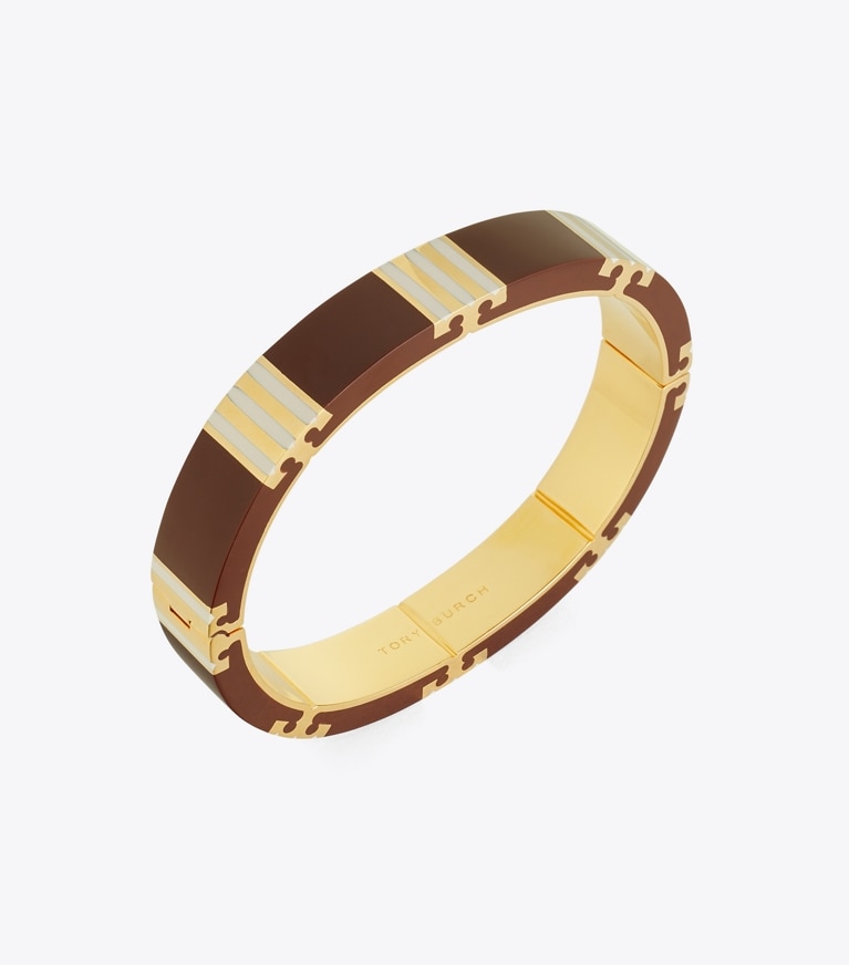Tory Burch designer bracelets T Stripe Bangle in Tory Gold / Burgundy / Pink front