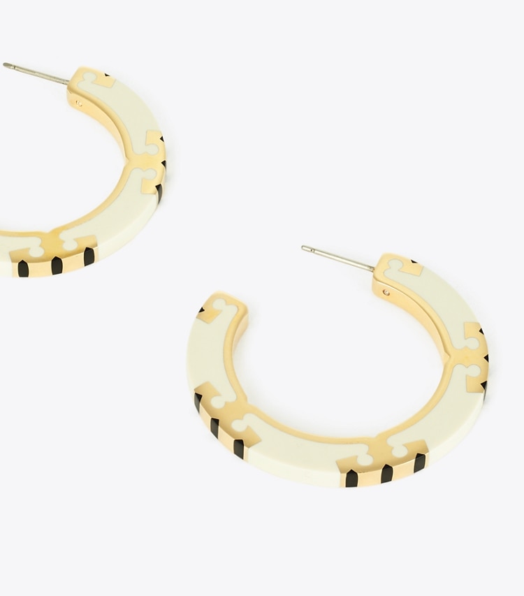 Tory Burch designer earrings T Stripe Hoop Earrings in Tory Gold / New Ivory / BLACK detail