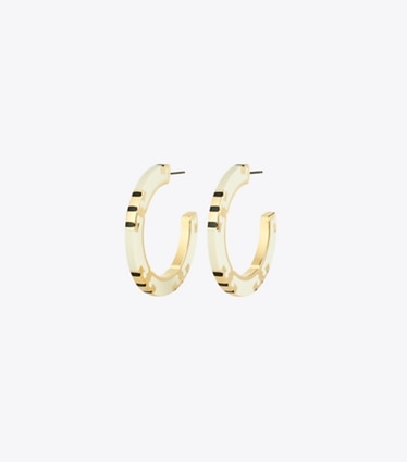 Tory Burch designer earrings T Stripe Hoop Earrings in Tory Gold / New Ivory / BLACK front