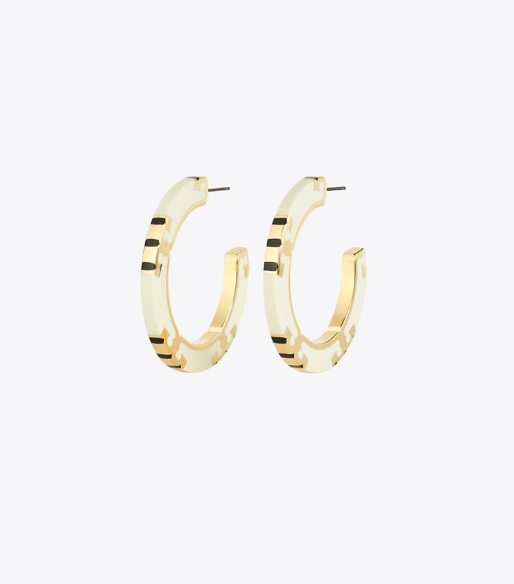 Tory Burch designer earrings T Stripe Hoop Earrings in Tory Gold / New Ivory / BLACK front