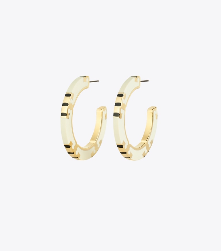 Tory Burch designer earrings T Stripe Hoop Earrings in Tory Gold / New Ivory / BLACK front