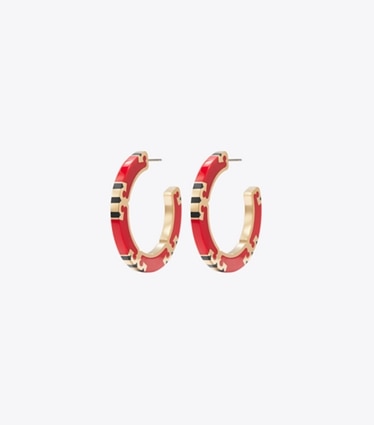 Tory Burch designer earrings T Stripe Hoop Earrings in Tory Gold / Red / Navy front