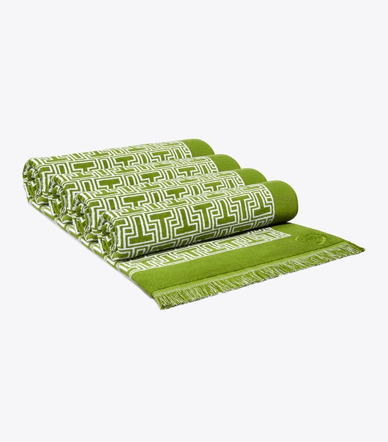 Tory Burch designer beach towels T-Tile Beach Towel in Spring Leaf/White front