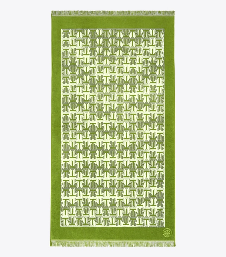 Tory Burch designer beach towels T-Tile Beach Towel in Spring Leaf/White front
