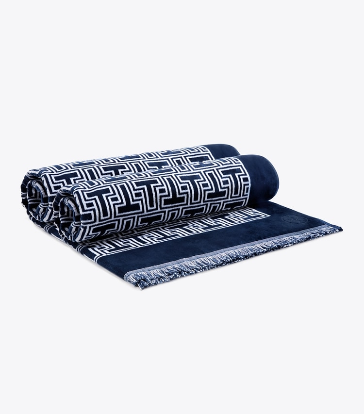 Tory Burch designer beach towels T-Tile Beach Towel in Tory Navy/Ivory packable reversible
