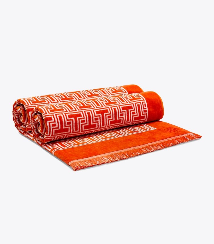 Tory Burch designer beach towels T-Tile Beach Towel in Orange/White packable reversible