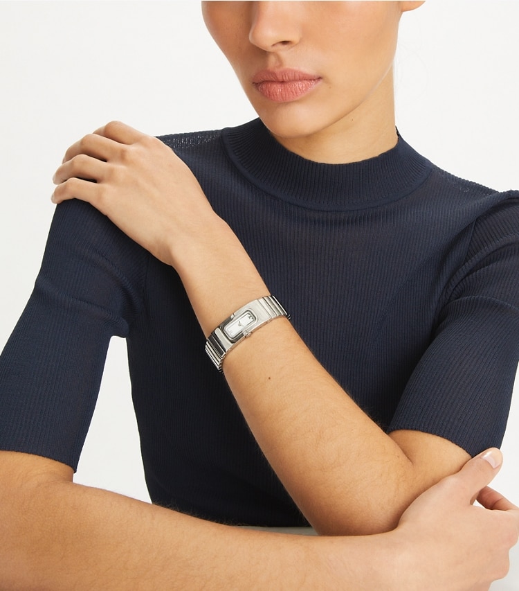 Tory Burch designer strap watches T Watch in IVORY/GOLD accessory on model
