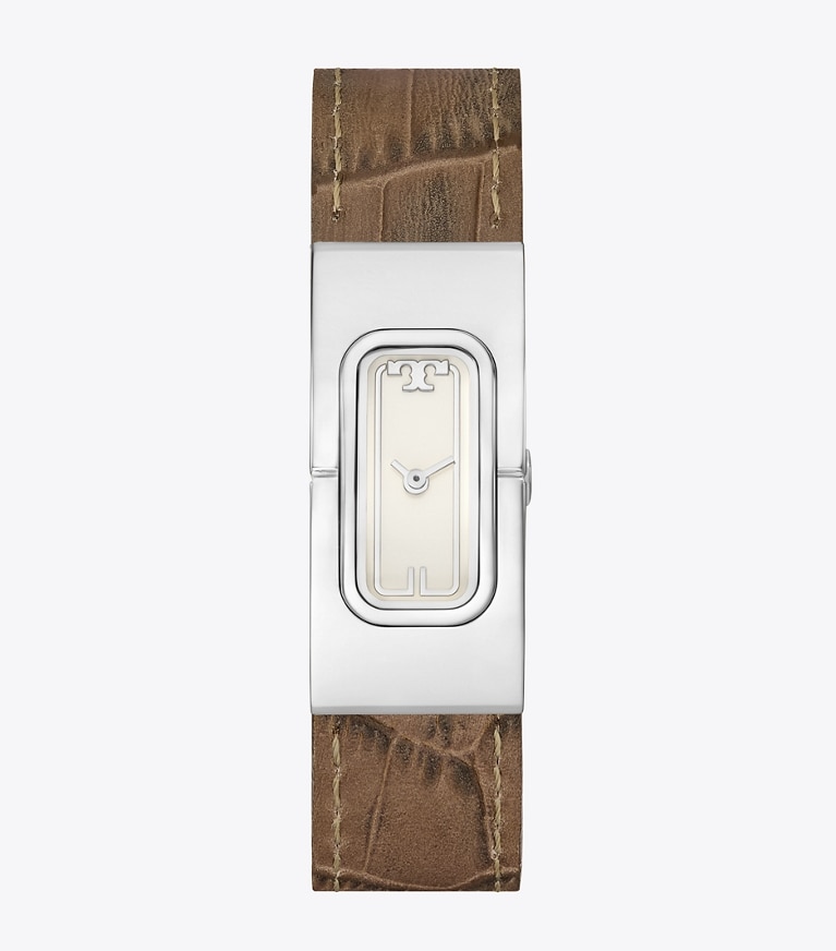 Tory Burch designer strap watches T Watch in LIGHT BLUE/FAUX CROC GREY front