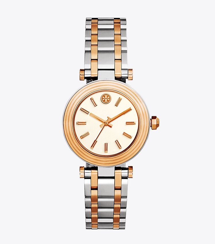 Tory Burch designer strap watches T Watch in Silver/Rose Gold/Ivory front