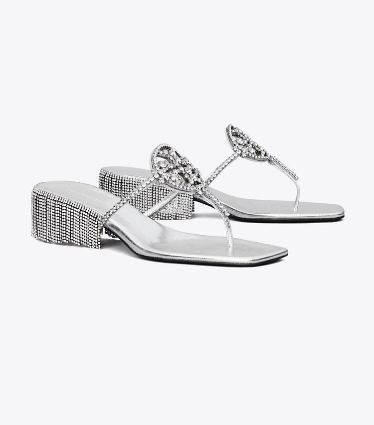 Tory Burch diseñador sandalias Tacón bajo Miller Crystal en SILVER / SILVER ángulo