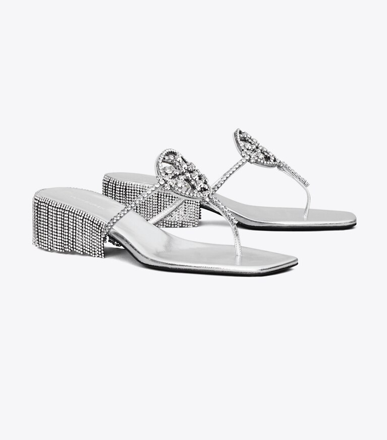 Tory Burch diseñador sandalias Tacón bajo Miller Crystal en SILVER / SILVER ángulo