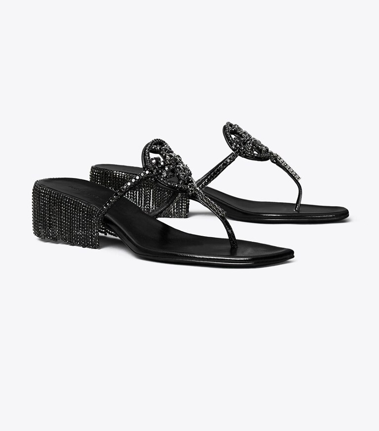 Tory Burch diseñador sandalias Tacón bajo Miller Crystal en PERFECT BLACK / JET ángulo