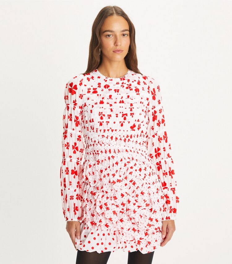 Tory Burch designer dresses Taffeta Shower Cap Dress in Red Tossed Bow on model detail