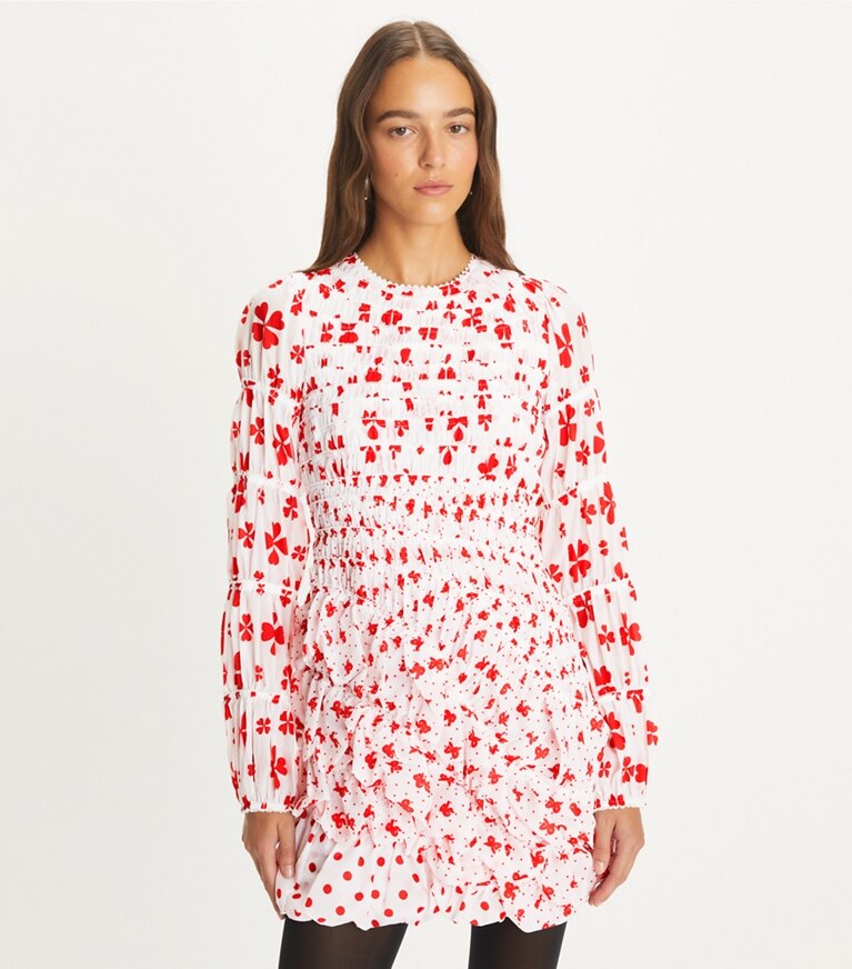 Tory Burch designer dresses Taffeta Shower Cap Dress in Red Tossed Bow on model detail