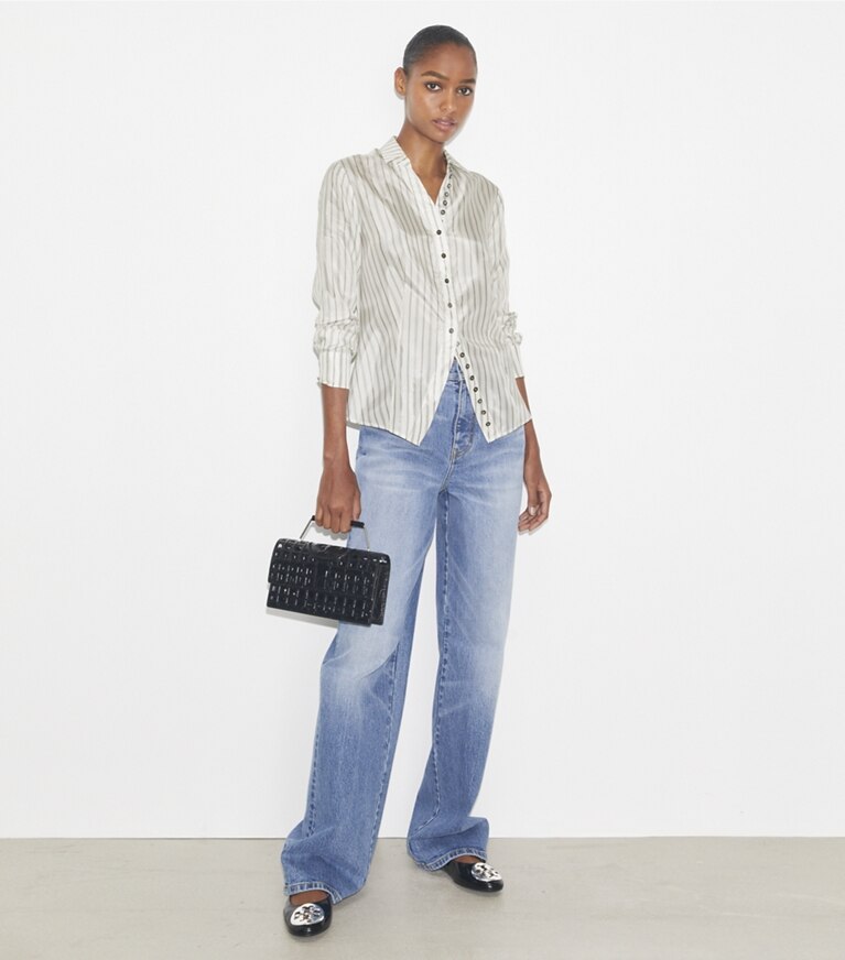 Tory Burch designer oberteile Tailliertes Hemd in White/Gray/Black Helios Striped Lining front