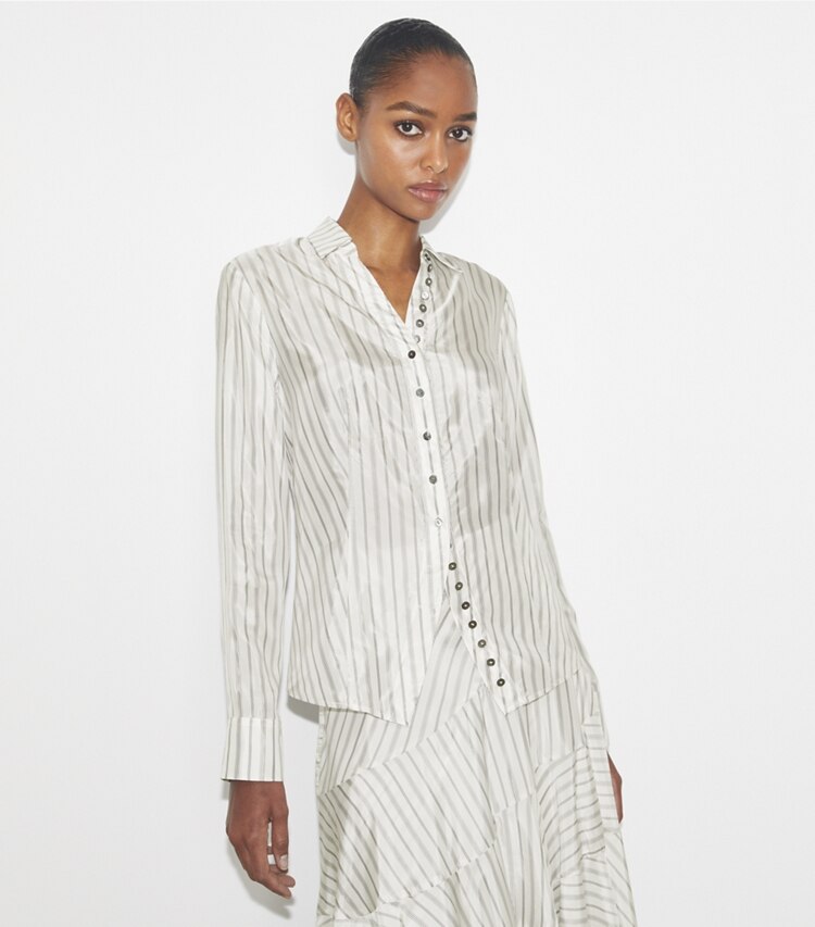 Tory Burch designer oberteile Tailliertes Hemd in White/Gray/Black Helios Striped Lining on model detail