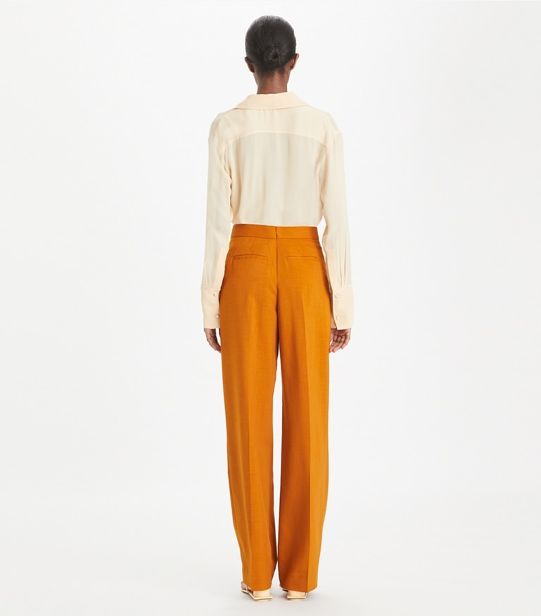 Tory Burch designer bottoms Tailored Drapey Mélange Pant in Cognac Amber front