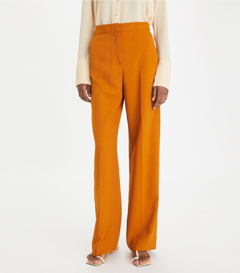 Tory Burch designer bottoms Tailored Drapey Mélange Pant in Cognac Amber front