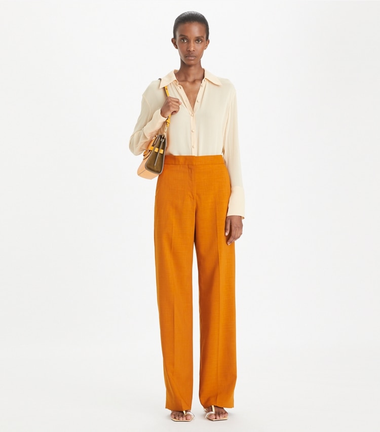 Tory Burch designer bottoms Tailored Drapey Mélange Pant in Cognac Amber on model front