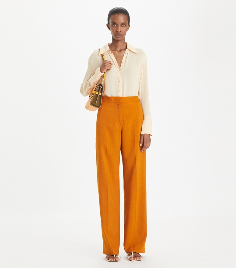 Tory Burch designer bottoms Tailored Drapey Mélange Pant in Cognac Amber front