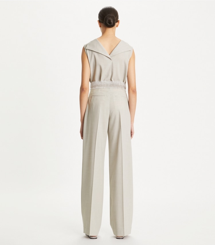 Tory Burch designer bottoms Tailored Drapey Melange Pants in Melange Light Gray on model back