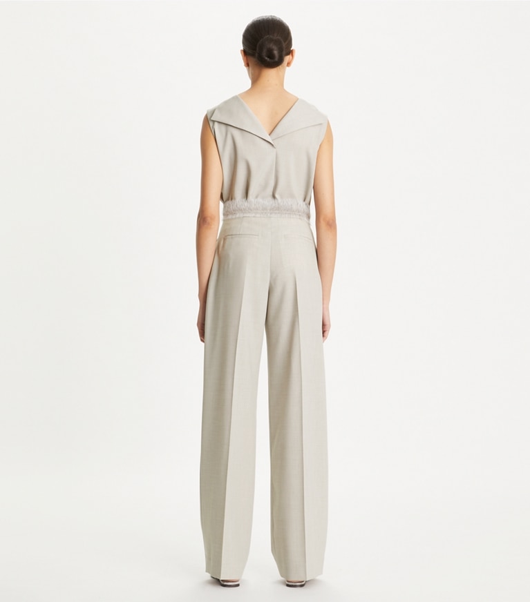 Tory Burch designer bottoms Tailored Drapey Melange Pants in Melange Light Gray front