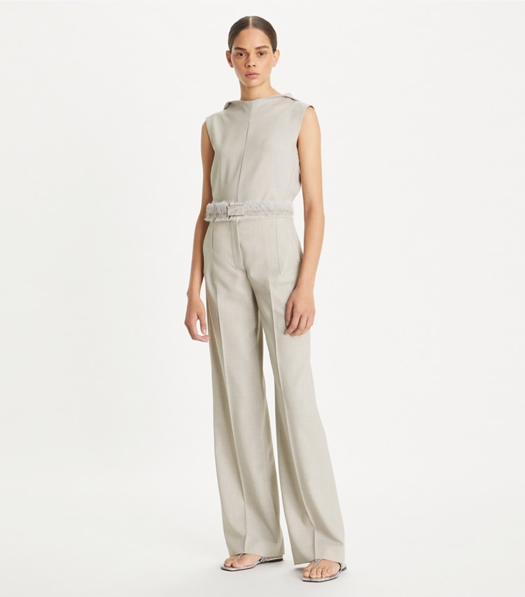 Tory Burch designer bottoms Tailored Drapey Melange Pants in Melange Light Gray on model front