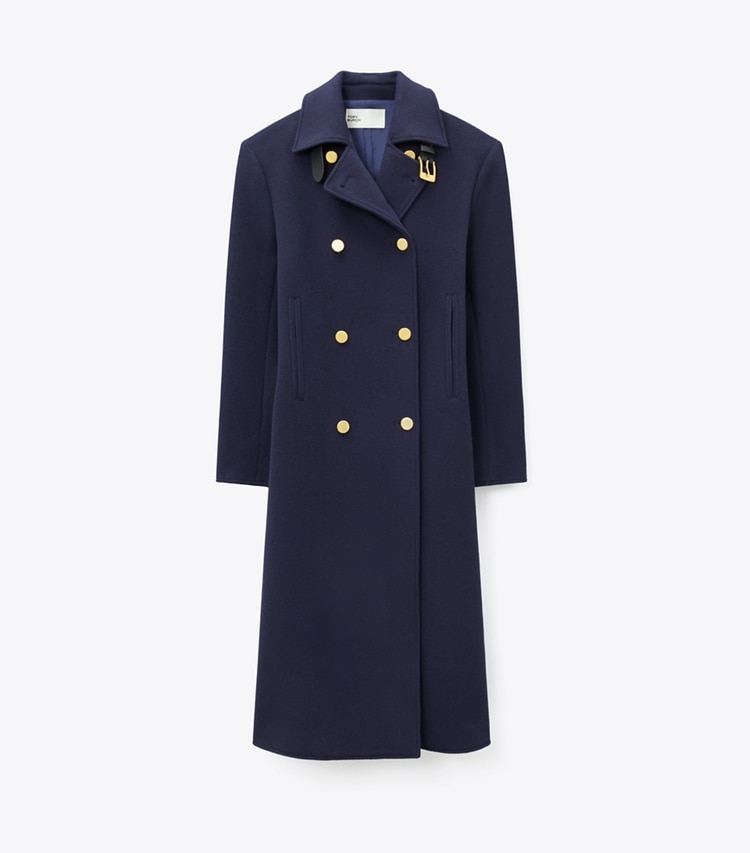 Tory Burch designer coats Tailored Long Wool Peacoat in Medium Navy front