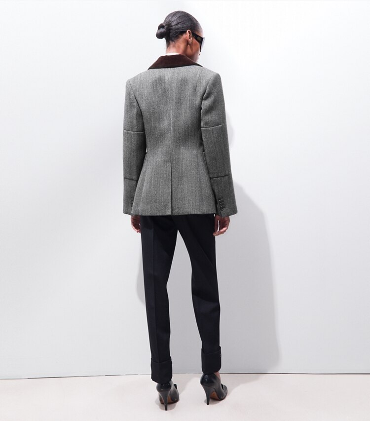 Tory Burch designer jackets Tailored Tweed Jacket in Black / White on model back